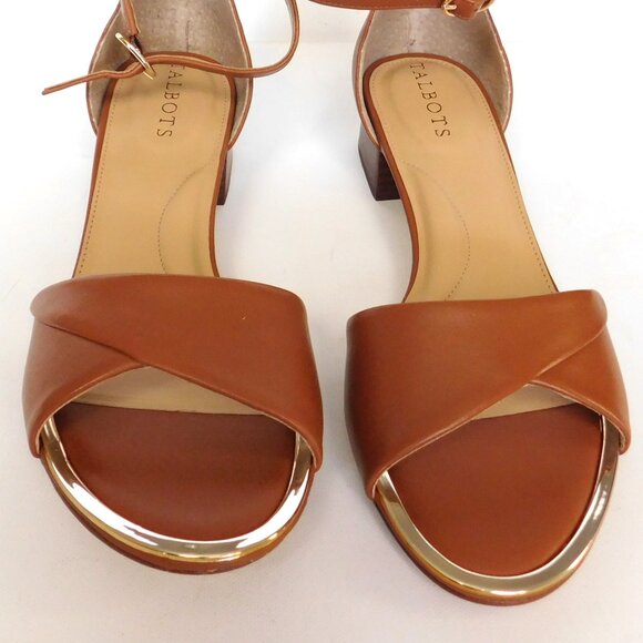 Talbots Open Toe Block 1"  Heel Camel Leather Shoes Sandals Size 7 Ankle Strap - Picture 5 of 10